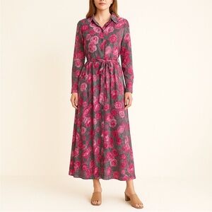 Torrid Maxi Shirt Dress Floral Collared Belted Button Up Pink Gray Size 12 Large